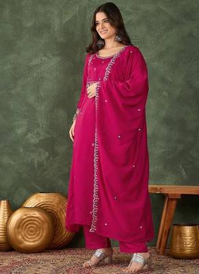 Women's  Embroidery Work Vichitra SIlk Fabric Flared Kurta Pant and Dupatta Set 3