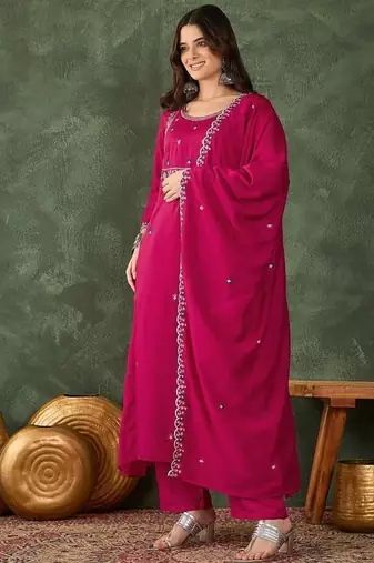 Women's  Embroidery Work Vichitra SIlk Fabric Flared Kurta Pant and Dupatta Set