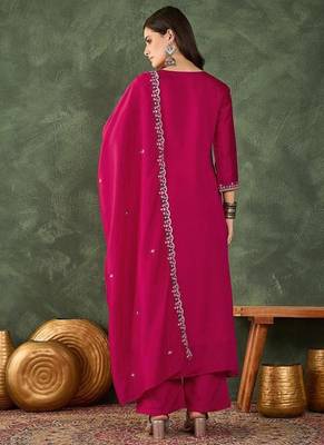 Women's  Embroidery Work Vichitra SIlk Fabric Flared Kurta Pant and Dupatta Set 4