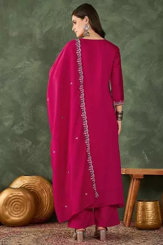 Women's  Embroidery Work Vichitra SIlk Fabric Flared Kurta Pant and Dupatta Set