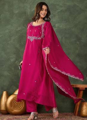 Women's  Embroidery Work Vichitra SIlk Fabric Flared Kurta Pant and Dupatta Set 5