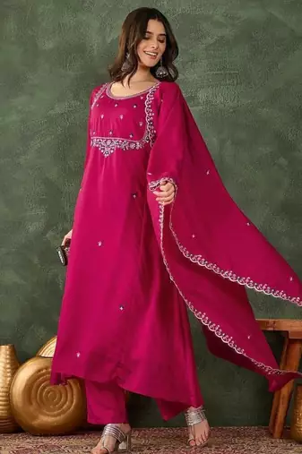 Women's  Embroidery Work Vichitra SIlk Fabric Flared Kurta Pant and Dupatta Set