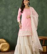 Women's  Embroidery Work Cotton Satin Fabric Straight Kurta Sharara and Dupatta Set