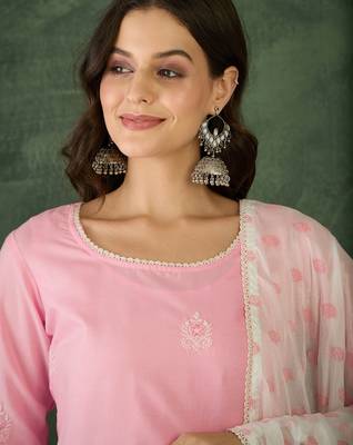 Women's  Embroidery Work Cotton Satin Fabric Straight Kurta Sharara and Dupatta Set 2