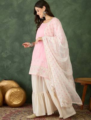 Women's  Embroidery Work Cotton Satin Fabric Straight Kurta Sharara and Dupatta Set 3