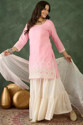 Women's  Embroidery Work Cotton Satin Fabric Straight Kurta Sharara and Dupatta Set