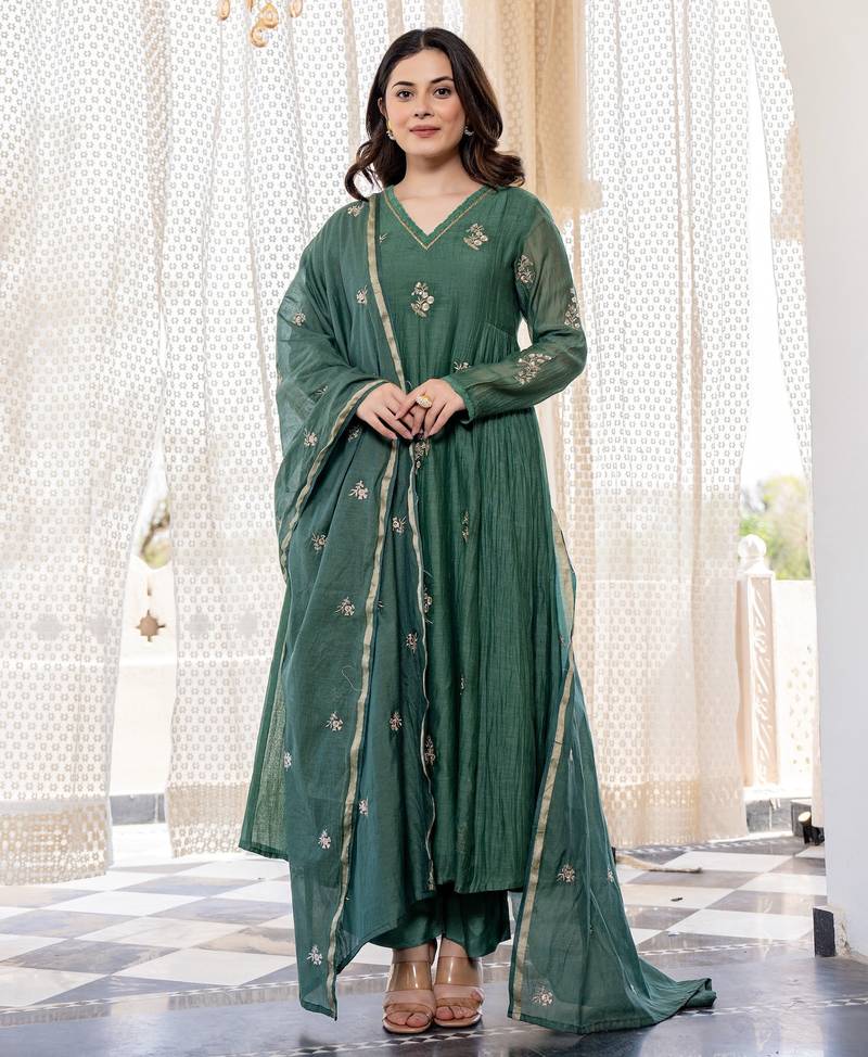 Women's  Embroidery Work Chanderi Silk Fabric Flared Anarkali Pant and Dupatta Set