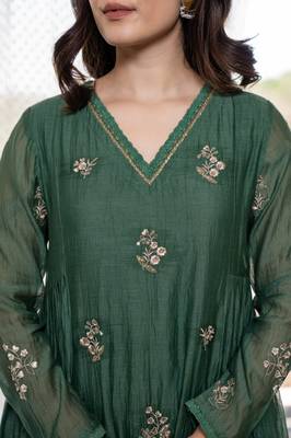 Women's  Embroidery Work Chanderi Silk Fabric Flared Anarkali Pant and Dupatta Set 2