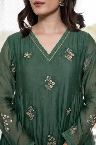 Women's  Embroidery Work Chanderi Silk Fabric Flared Anarkali Pant and Dupatta Set
