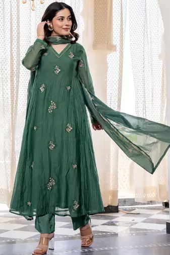 Women's  Embroidery Work Chanderi Silk Fabric Flared Anarkali Pant and Dupatta Set