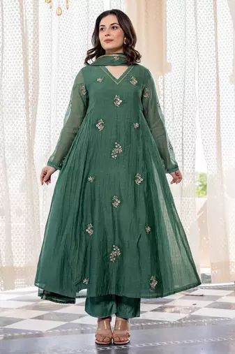 Women's  Embroidery Work Chanderi Silk Fabric Flared Anarkali Pant and Dupatta Set