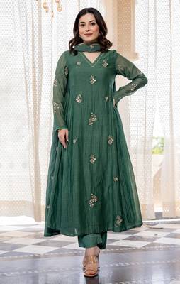 Women's  Embroidery Work Chanderi Silk Fabric Flared Anarkali Pant and Dupatta Set 5