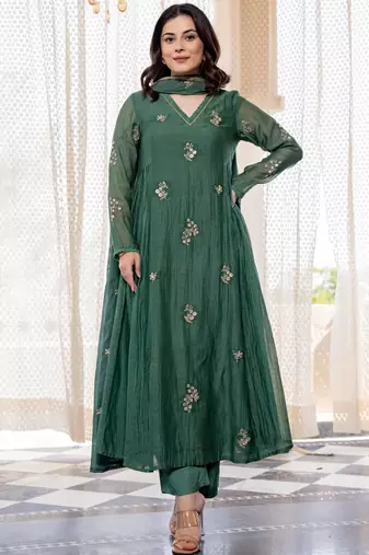 Women's  Embroidery Work Chanderi Silk Fabric Flared Anarkali Pant and Dupatta Set