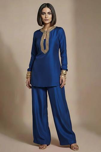 Blue embroidered raw silk co ord set