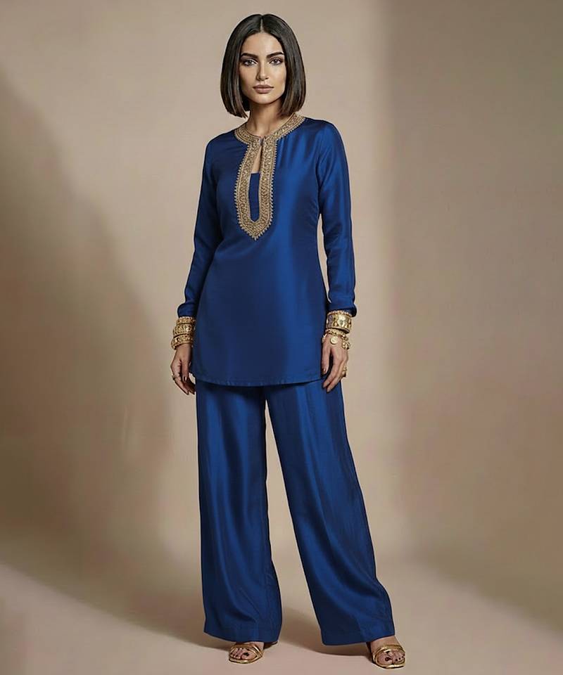 Blue embroidered raw silk co ord set