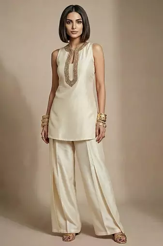 Ivory embroidered raw silk co ord set