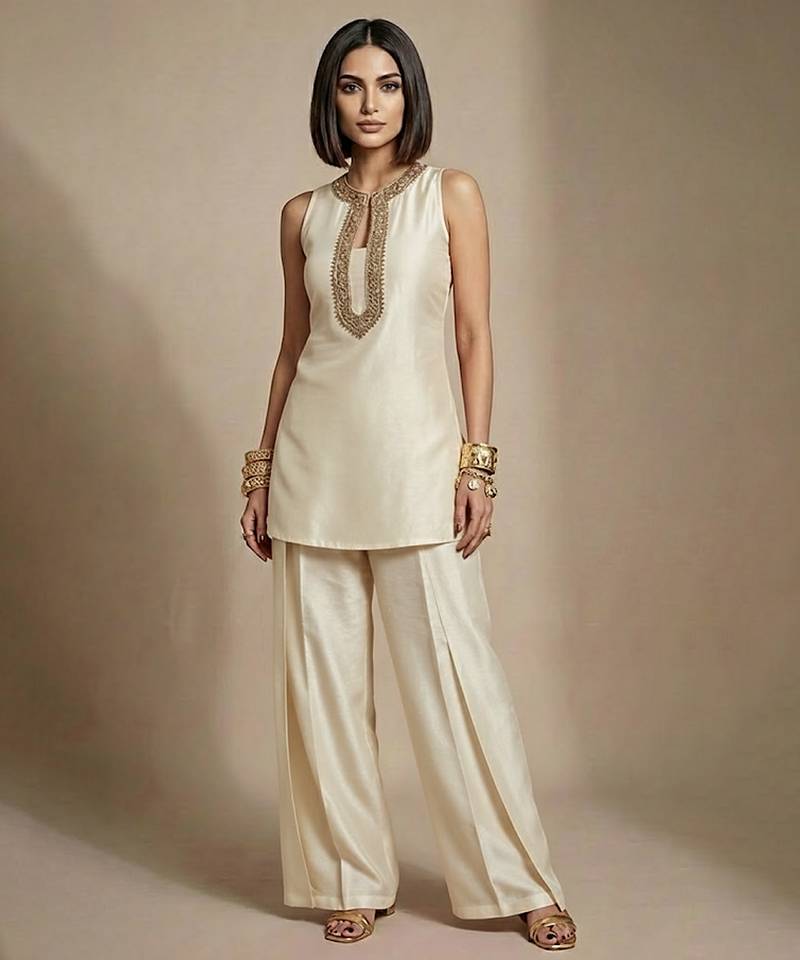 Ivory embroidered raw silk co ord set