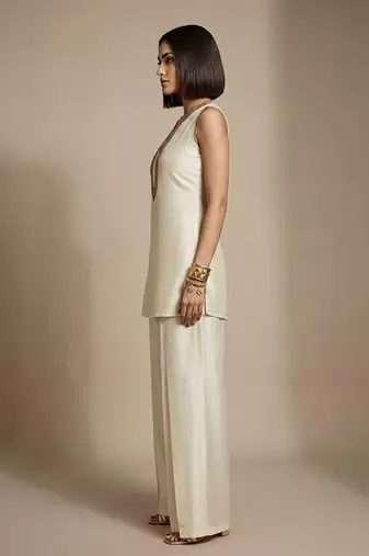 Ivory embroidered raw silk co ord set