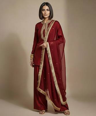 Maroon embroidered raw silk Kurta set 1
