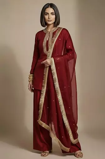 Maroon embroidered raw silk co ord set