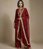 Maroon embroidered raw silk co ord set