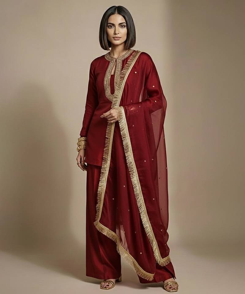 Maroon embroidered raw silk co ord set