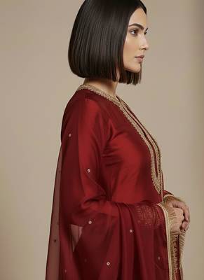 Maroon embroidered raw silk Kurta set 2