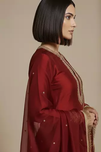 Maroon embroidered raw silk Kurta set