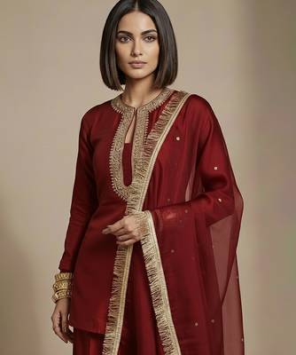 Maroon embroidered raw silk Kurta set 3
