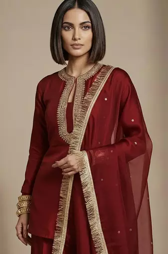 Maroon embroidered raw silk Kurta set
