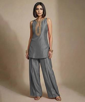 Grey embroidered raw silk co ord set 1