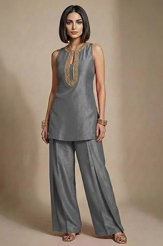 Grey embroidered raw silk co ord set