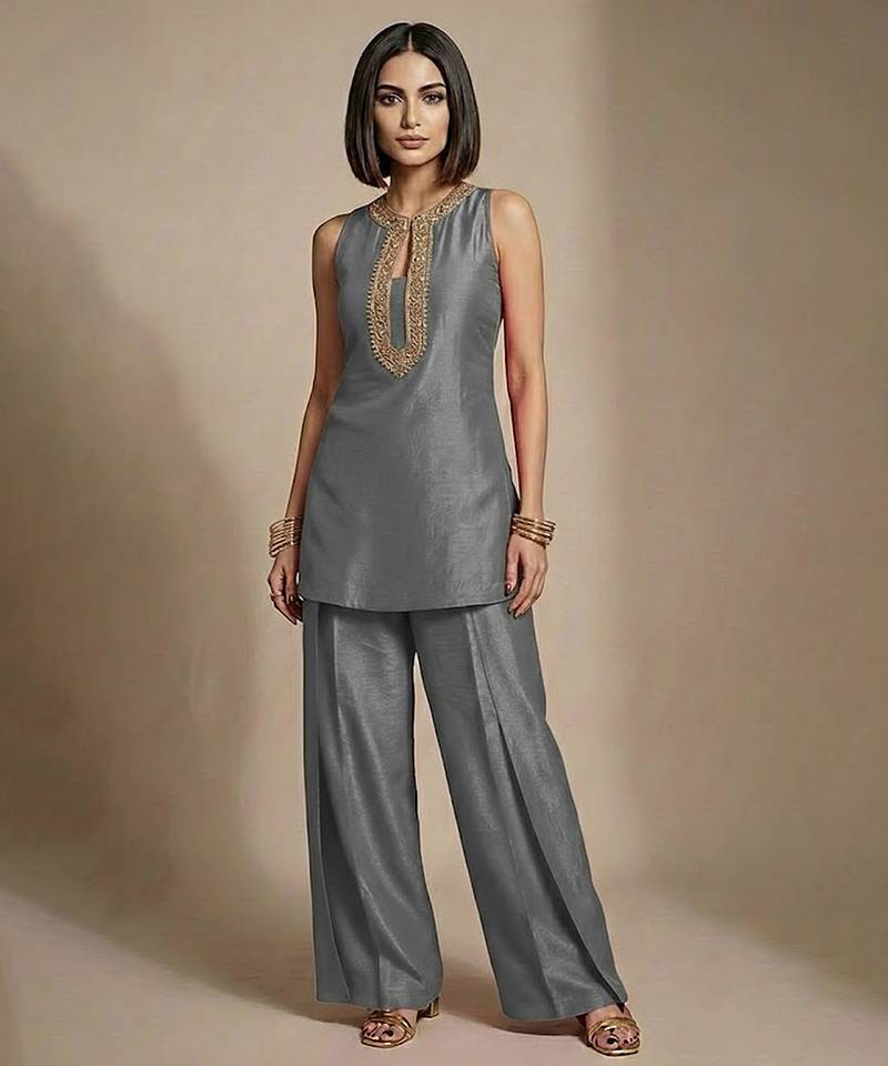 Grey embroidered raw silk co ord set