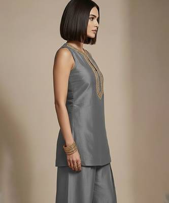 Grey embroidered raw silk co ord set 2