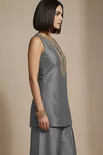 Grey embroidered raw silk co ord set