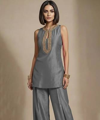 Grey embroidered raw silk co ord set 3