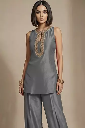 Grey embroidered raw silk co ord set