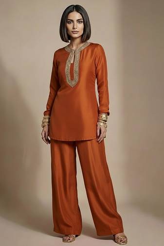Rust orange embroidered raw silk co ord set