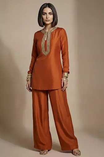Rust orange embroidered raw silk co ord set