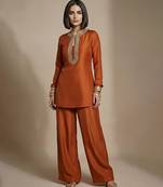 Rust orange embroidered raw silk co ord set