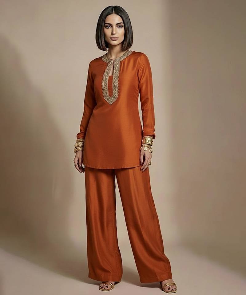Rust orange embroidered raw silk co ord set