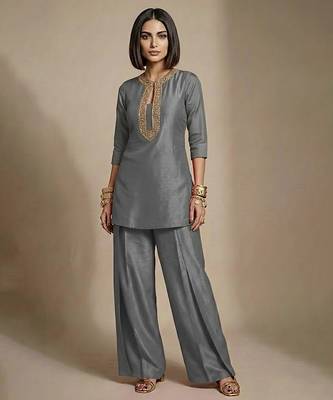 Grey embroidered raw silk co ord set 1