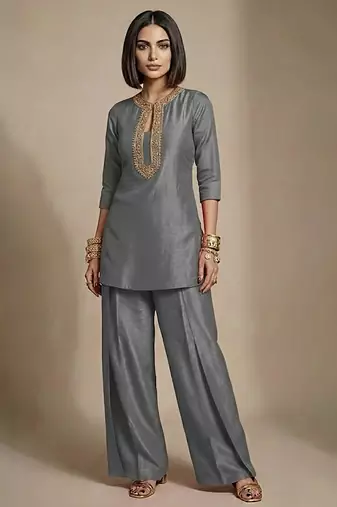 Grey embroidered raw silk co ord set