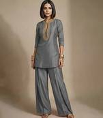 Grey embroidered raw silk co ord set