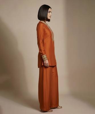 Rust orange embroidered raw silk co ord set 2