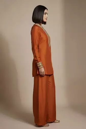 Rust orange embroidered raw silk co ord set