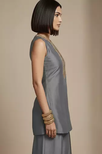 Grey embroidered raw silk co ord set