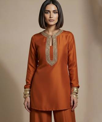 Rust orange embroidered raw silk co ord set 3