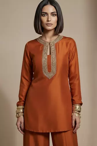 Rust orange embroidered raw silk co ord set