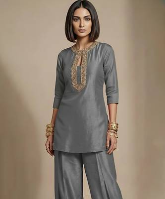 Grey embroidered raw silk co ord set 3